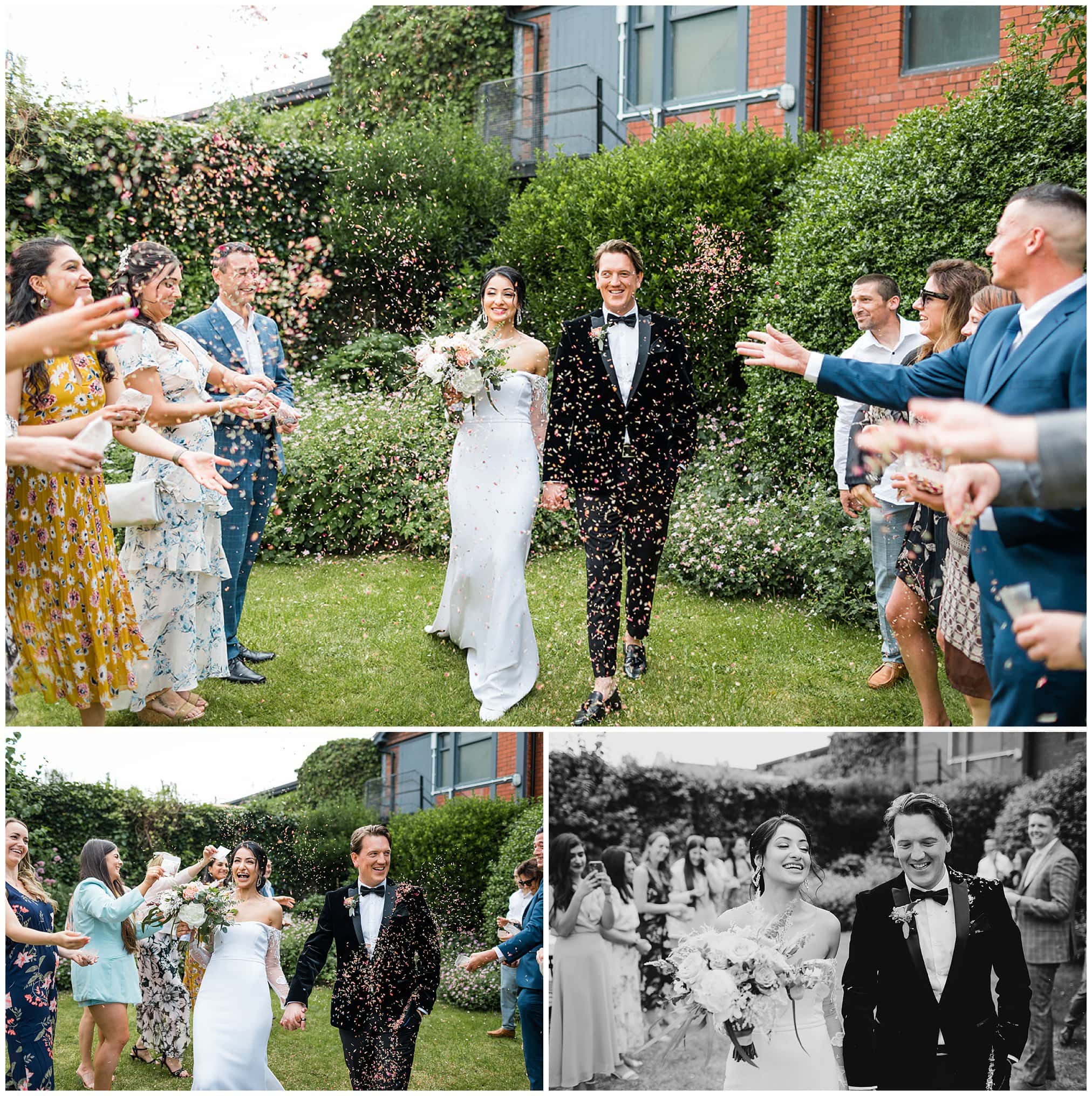 guests throw confetti at a bristol wedding.