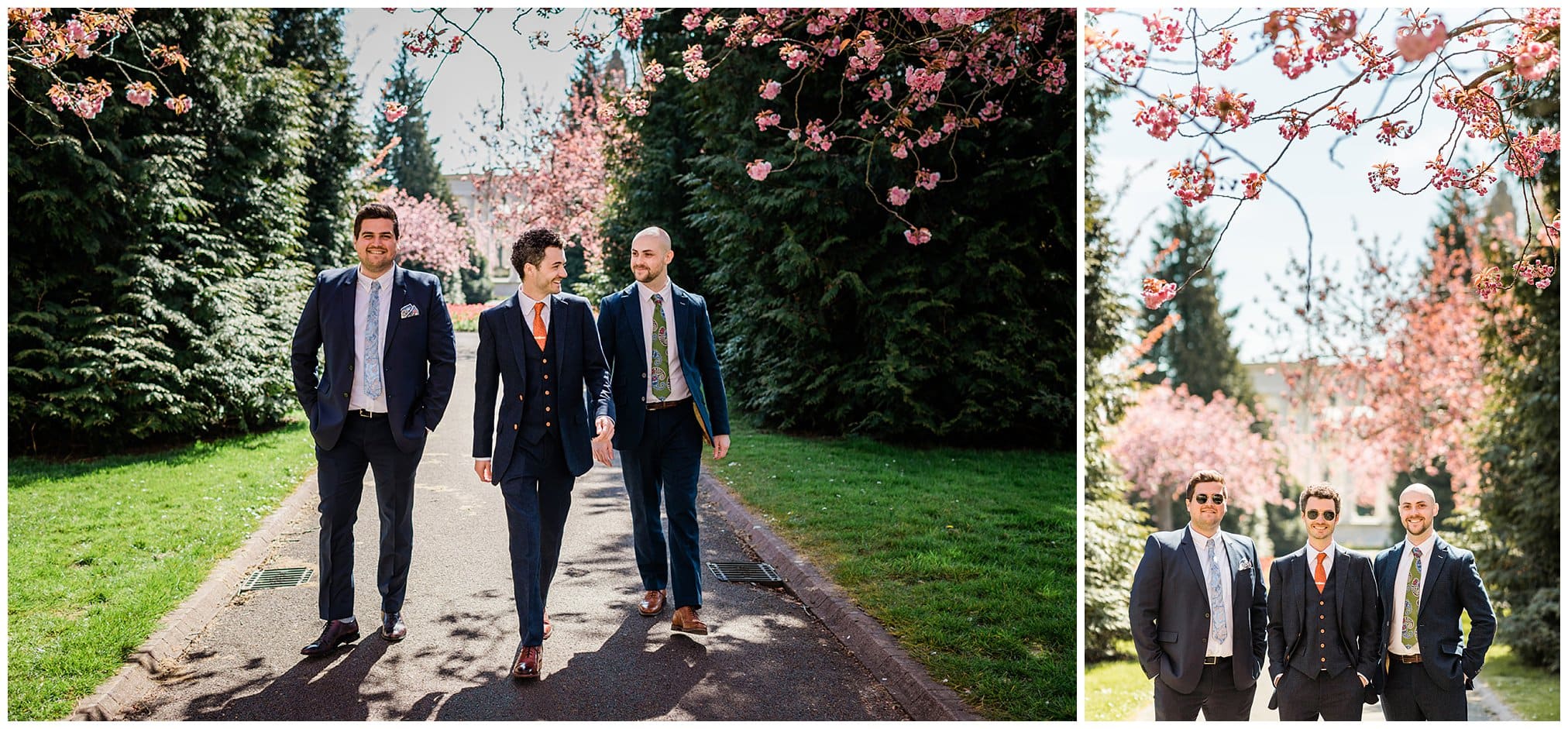Groom and groomsmen in Alexandra gardens in Cardiff for a wedding.
