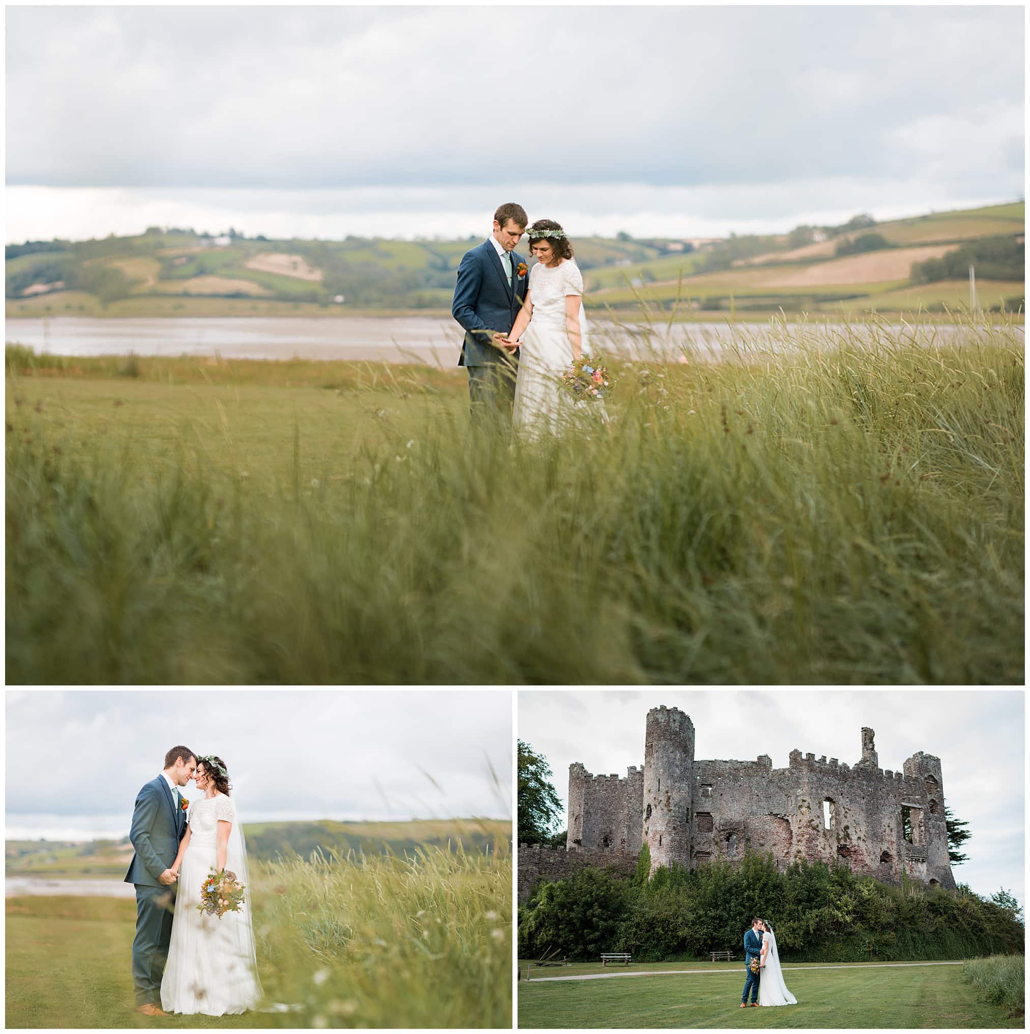 bride and groom in front of the castle at laugharne in wales.