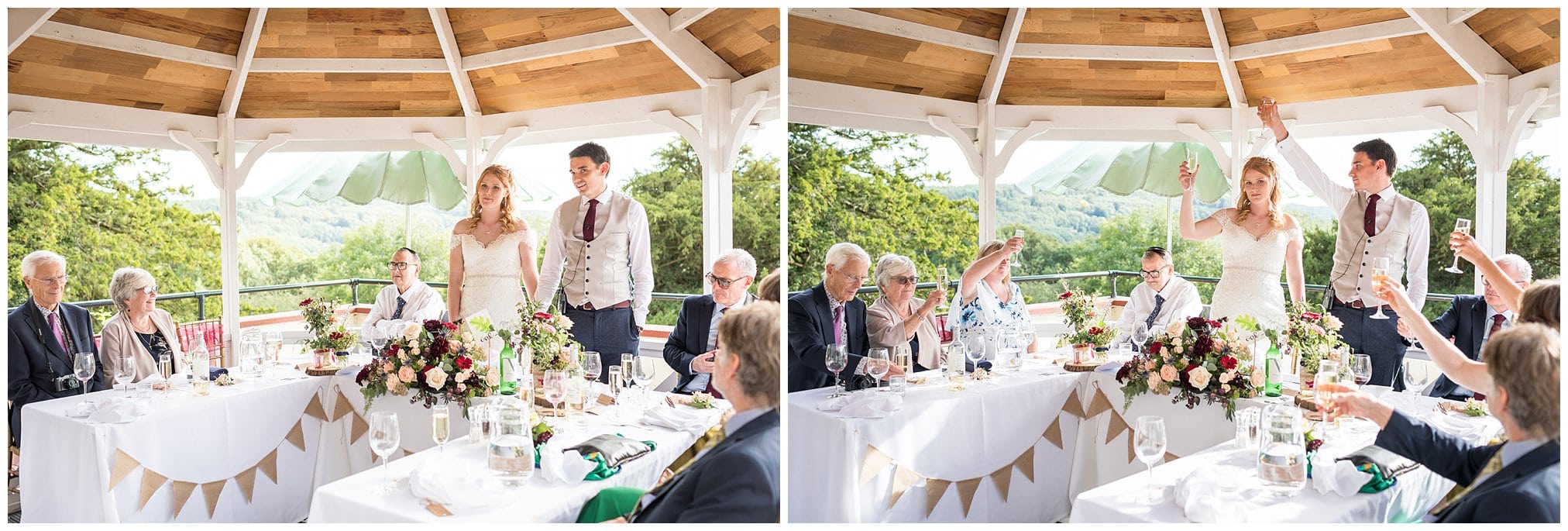 bride and groom give a joint speech at their wedding at caer llan in monmouth.