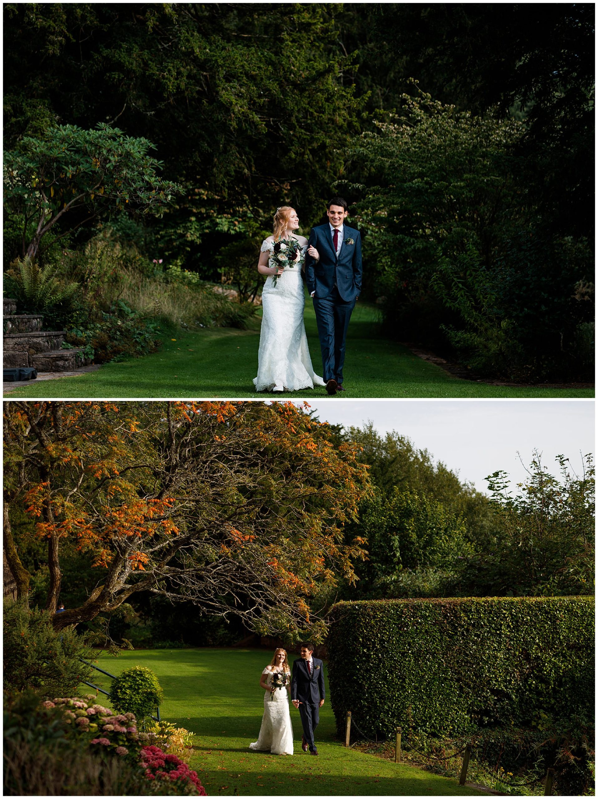 bride and groom walk the grounds of caer llan on their wedding day.