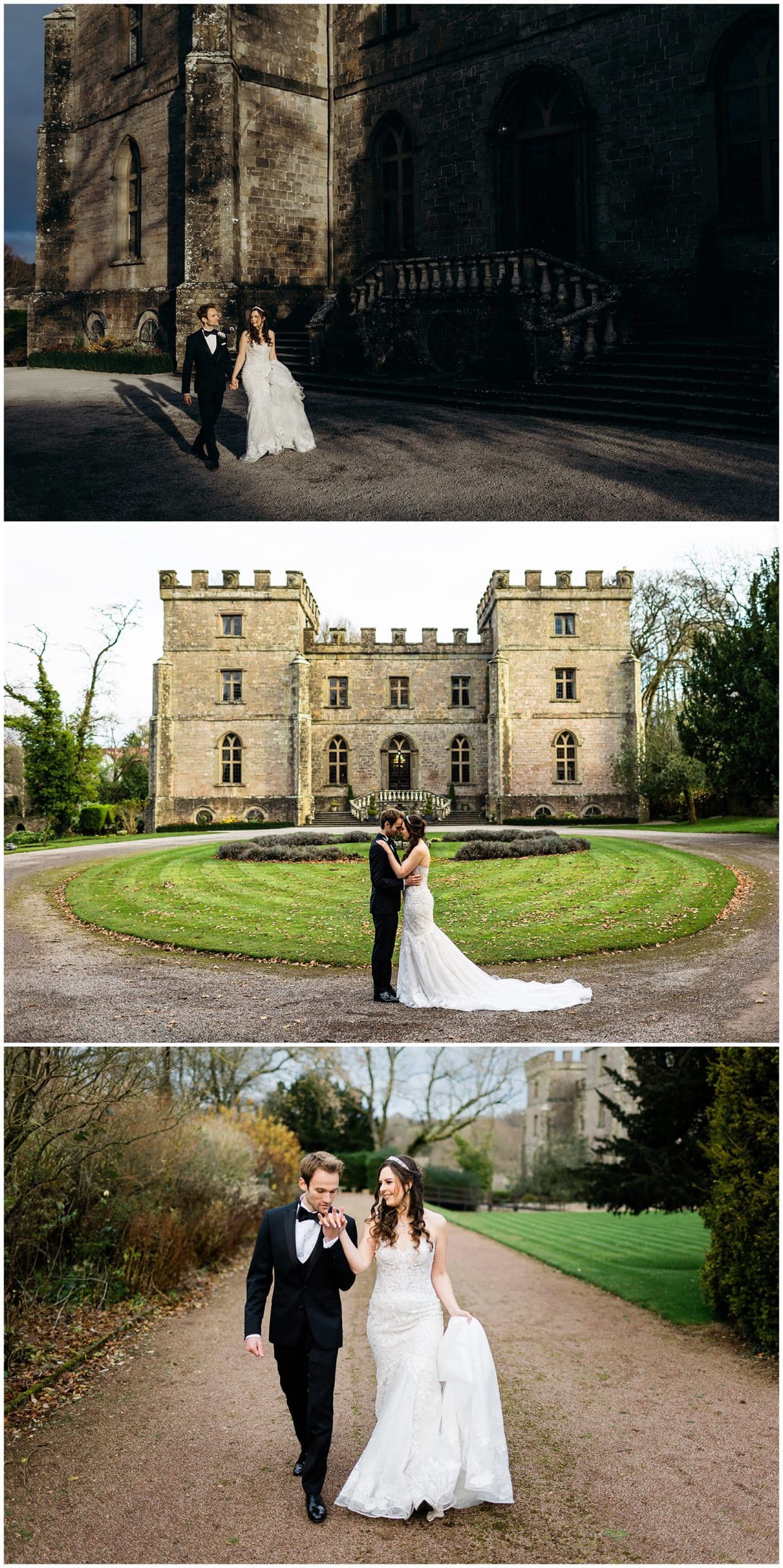 bride and groom in the grounds of clearwell castle