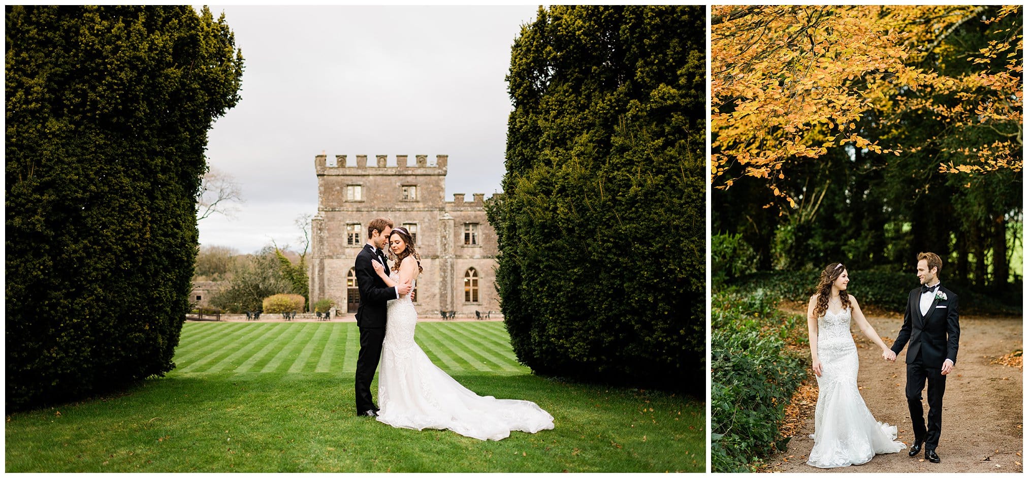 bride and groom in the grounds of clearwell castle