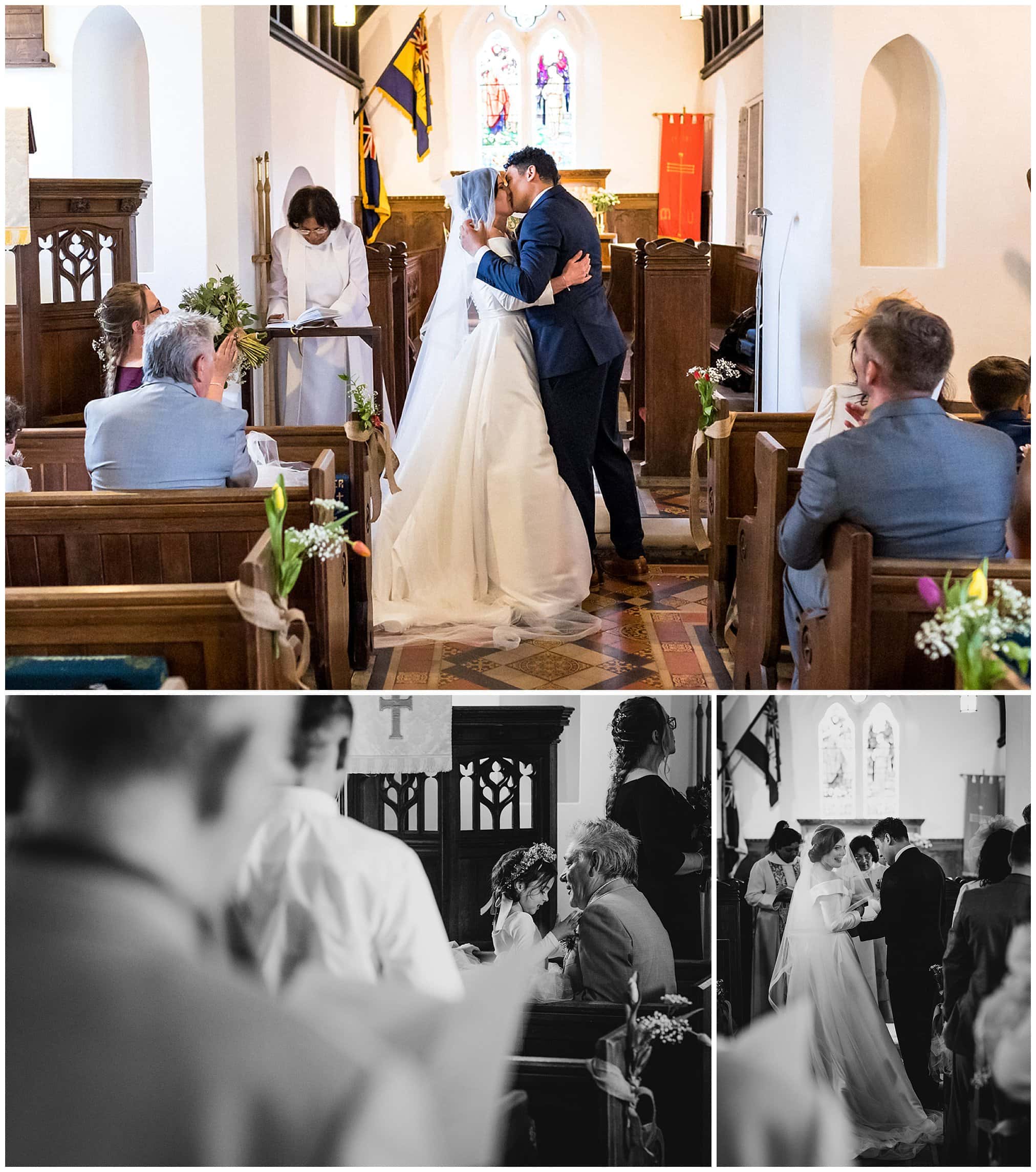 First Kiss at a church wedding.