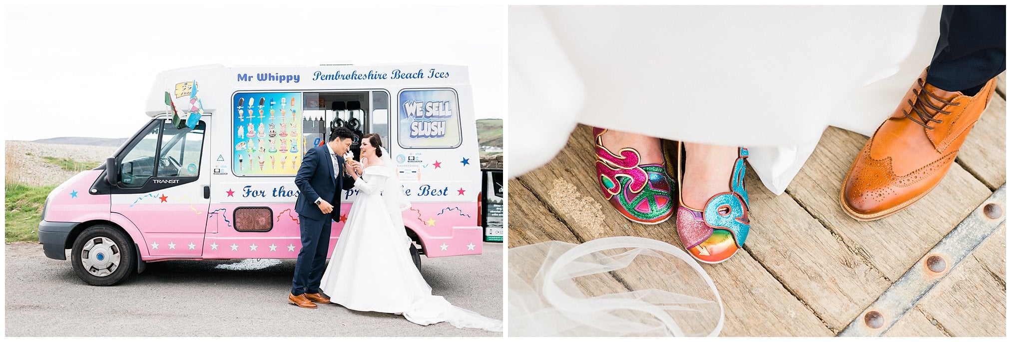 Bride and Groom share an ice cream. Wedding shoes.