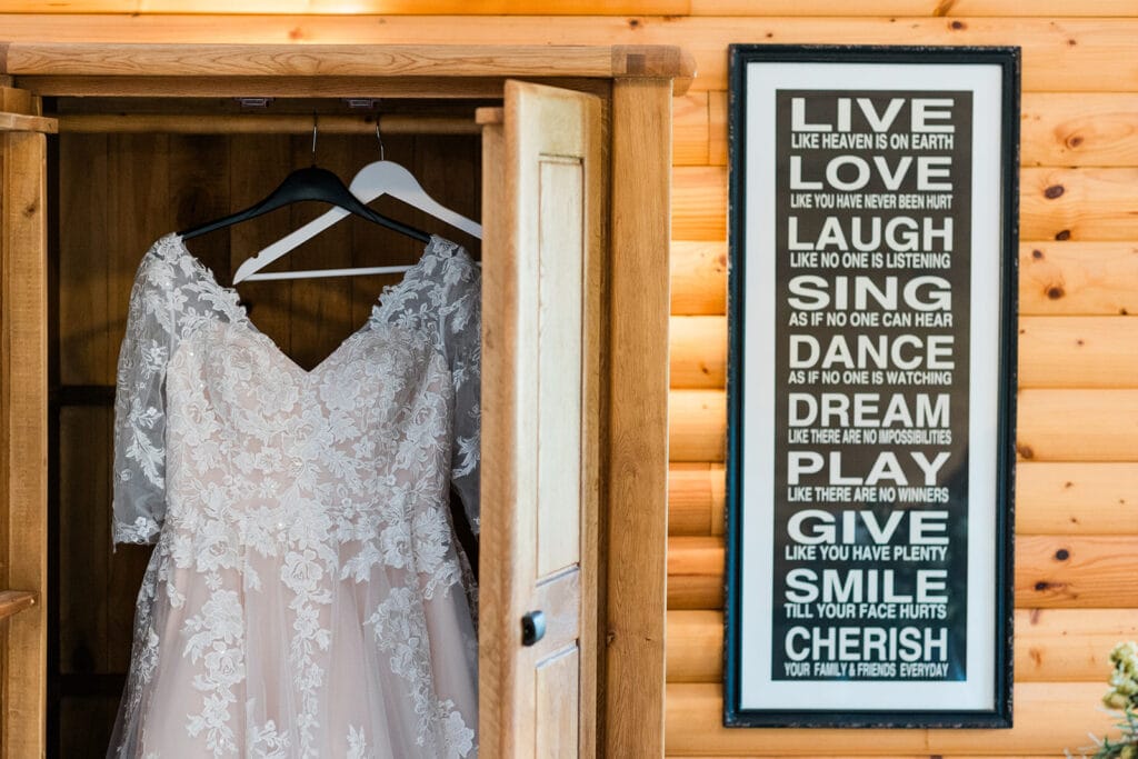 canada lodge and lake wedding brides dress